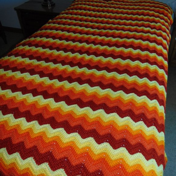 Vintage Crocheted Afghan, Ripple Chevron, Yellow/Orange/Rust, 45 x 84 - Picture 7 of 11
